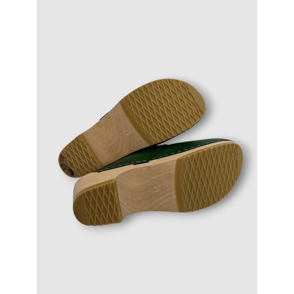 Swedish Hasbeens Green Leather Clogs Wood Platform Mule Clogs Size 38 - Picture 7 of 9